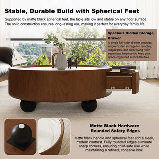Round Coffee Table With Ball Feet, Pull Handle Storage Drawer - Bouguer Walnut / Brown