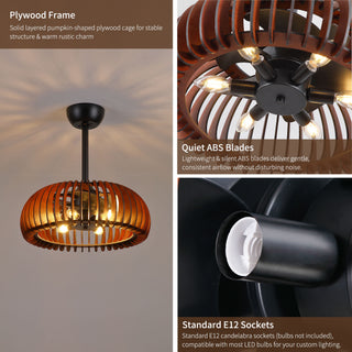 Pumpkin Ceiling Fan, Fandelier With 6 E12 Sockets, Reversible DC Motor, Adjustable Hanging, 6 Speeds Remote Control - Black