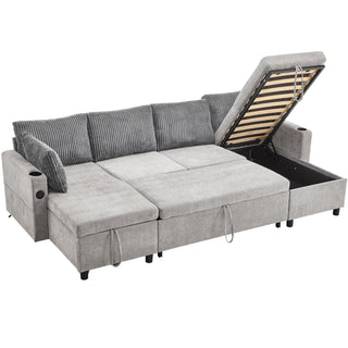 Sectional Sofa Bed With Pull Out Sleeper, USB Ports, Cup Holders