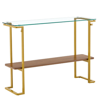 Console Table With Shelf, 2 Tier Living Room - Gold / Walnut