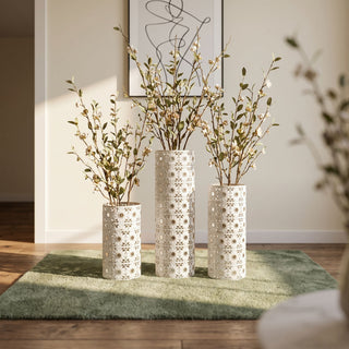 Handcrafted Cutout Hollow Tall Standing Floor Vase, Home Decor (Set of 3) - White / Gold