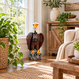 Solar Powered Bald Eagle Statue With Lantern, Outdoor Garden Decor - Black Brown