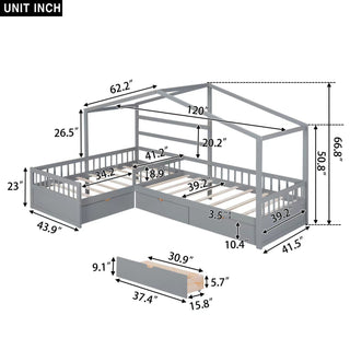 L Shape Platform Bed With 3 Storage Drawers