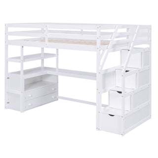 Loft Bed With Desk, Shelves, 2 Drawers, Storage Staircase