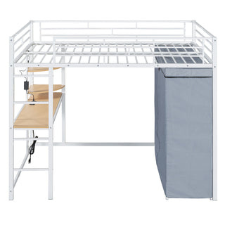 Loft Bed With Desk, Shelves, Power Outlet, LED Light And Wardrobe