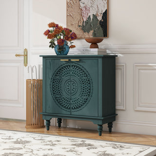 Hollow Carved 2 Door Accent Cabinet With Adjustable Shelf, Sideboard Buffet For Entryway, Living Room Or Bedroom - Blackish Green