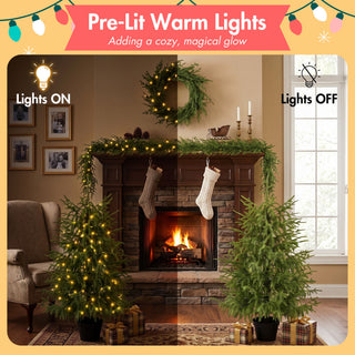 4 Piece Christmas Artificial Trees With Sturdy Bases, Pre Lit Wreath & Garland, Warm LED Lights, Indoor Holiday Decor - Green