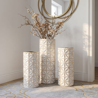 Tall Textured Geometric Decorative Floor Vases Home Decor (Set of 3) - White / Gold