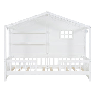 House Bed With Shelves, Window And Sparkling Light Strip On The Roof
