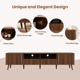 78" TV Stand For 85" TVs With Fluted Doors, Open Shelf, Cable Management - Walnut