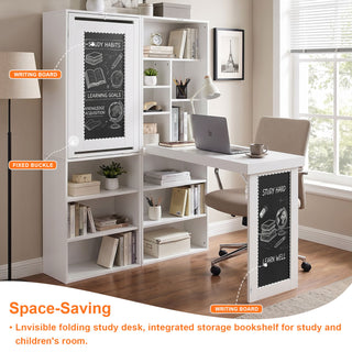 Folding Desk With Storage, Foldable Convertible Writing Table With Blackboard And Shelves For Home Office