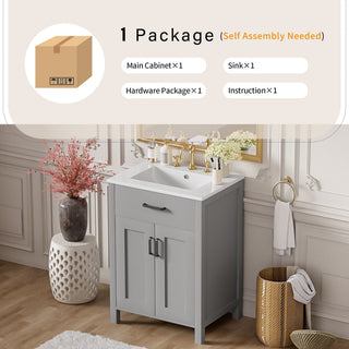 Bathroom Vanity With Ceramic Sink, Soft Close Doors, Flip Drawer, Double Layer Door Shelves