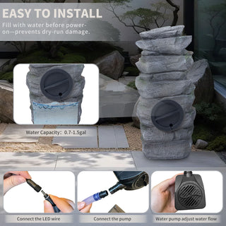 Rock Waterfall Outdoor Fountain With LED Lights - Gray