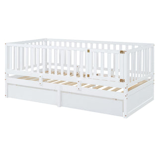 Daybed With Fence Guardrails And 2 Drawers, Split Into Independent Floor Bed & Daybed