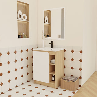 Freestanding Bathroom Vanity With Thin Rim Sink, Single Door With 4 Tier Open Shelves - Light Oak / White