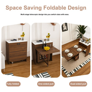 Extendable Dining Table With Power Socket, Lockable Casters, Storage Cabinet