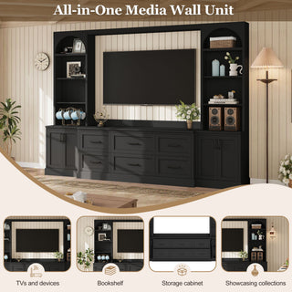 Arched Entertainment Center Wall Unit With 6 Drawers, Large TV Stand With Bookshelves