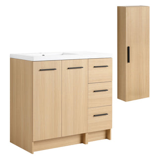 Freestanding Bathroom Vanity Set With Tall Linen Cabinet, 3 Drawers And Large Storage, Single Sink