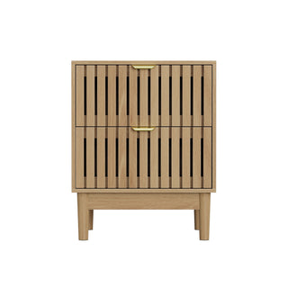 Bedside Table With Grille Design And 2 Drawers, Side Table For Bedroom - Oak