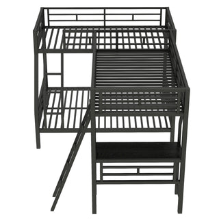 Twin Over Full Bunk Bed With Loft And Desk, L-Shaped Design For 3 Sleepers - Black