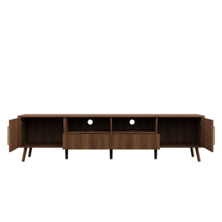 78" TV Stand For 85" TVs With Fluted Doors, Open Shelf, Cable Management - Walnut