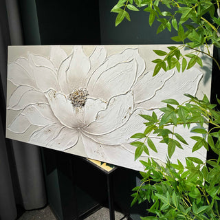 Lotus Flower Canvas Wall Art, Hand Painted Textured Floral Painting - Antique White