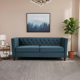 Button Tufted 3 Seater Sofa, Upholstered Couch For Living Room - Navy Blue