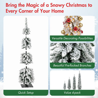 4 Pack Slim Pencil Christmas Trees With Snow Tips, Warm LED Lights, For Indoor Use - Green