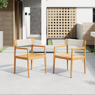 Creative Braided Acacia Wood Outdoor Dining Table And Chairs With Armrests (Set of 2) - Teak / White