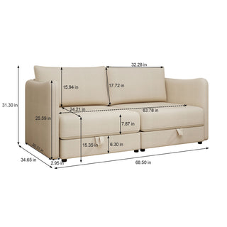 Modular Sectional Sofa With Storage, Convertible 2 Seater Sleeper Sofa - Beige