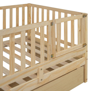 Daybed With Fence Guardrails And 2 Drawers, Split Into Independent Floor Bed & Daybed