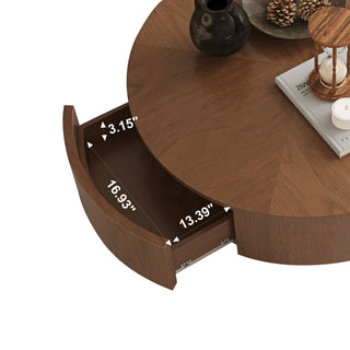 Drum Shaped Coffee Table With Hidden Storage Drawer, Low Profile For Living Room - Walnut
