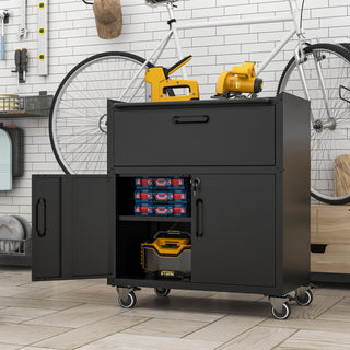 Sturdy And Durable Metal Tool Cabinet For Garage With Wheels Mobile Heavy Duty Storage Cabinet With 1 Drawer And 2 Locking Doors