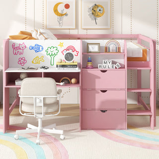 Low Loft Bed With Built In Desk, Storage Cabinets, Open Bookcase And Doodle board