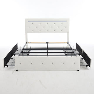 Upholstered Bed Frame With LED Lights, 4 Storage Drawers, Charging Station