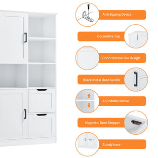 Freestanding Bathroom Storage Cabinet With Doors And Drawers, Adjustable Shelf, Open Shelves - White