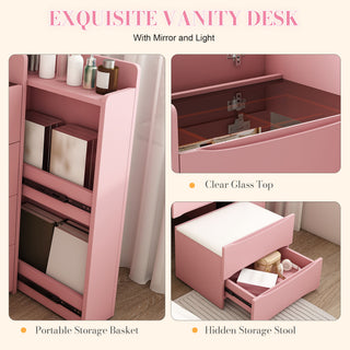 Flip Mirror Vanity Desk With Adjustable LED Lights & Stool For Bedroom