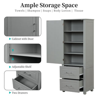 Tall Freestanding Bathroom Storage Cabinet With 2 Drawers And Adjustable Shelf