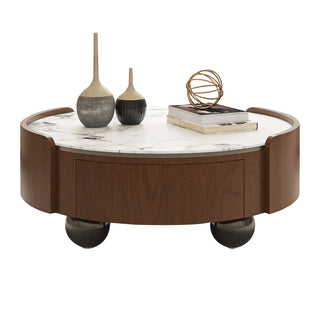 Round Coffee Table With Ball Feet, Dual Storage Drawers For Living Room - Walnut Brown