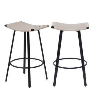 Counter Height Bar Stools Backless Handwoven Kitchen Dining Chairs With Round Footrest (Set of 2) Weaving Pub Stoo - Creamy White