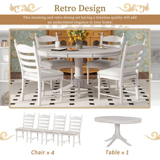 Trexm 5-Piece Retro Functional Dining Table Set Wood Round Extendable Dining Table And 4 Upholstered Dining Chairs (Antique White)