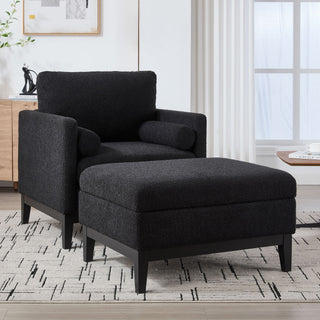 Farmhouse Upholstered Accent Chair With Ottoman, Reversible Lid Coffee Table