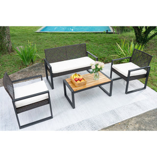 4 Piece Patio Furniture Set With Acacia Wood Table Top And Cushions