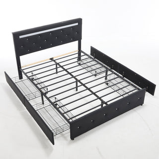 Upholstered Bed Frame With LED Lights, 4 Storage Drawers, Charging Station