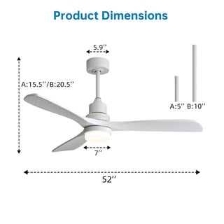 52" Blade Ceiling Fan With Remote Controlled LED Light And Quiet DC Motor - White