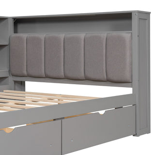 Platform Bed With Upholstered Headboard, Storage Shelves, Drawers, Charging Station, LED Lighting, Built In Desk