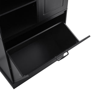 Modern Tall Storage Cabinet With Adjustable Shelves, Flip-Out Basket & Enclosed Doors