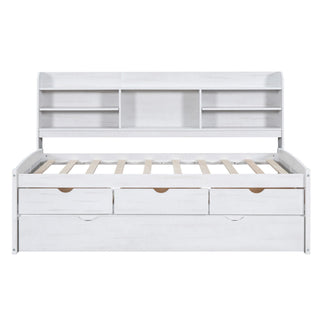 Captain Bed With Built In Bookshelves, 3 Storage Drawers, And Trundle