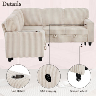 L-Shaped Sofa With Pull Out Sofa Bed With USB