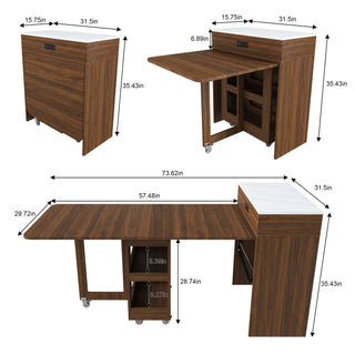 Extendable Dining Table With Power Socket, Lockable Casters, Storage Cabinet
